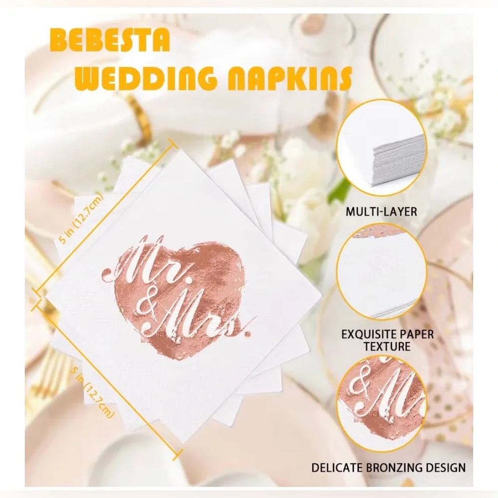 NEW 5x5 Inch Napkin Pack - 100 Disposable Wedding or Dessert 3 Ply Rose Gold